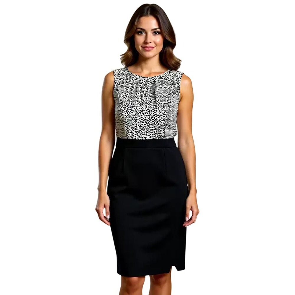 Talbots Animal Print Mixed Media Sheath Dress Black Cream Sleeveless 10 NWT